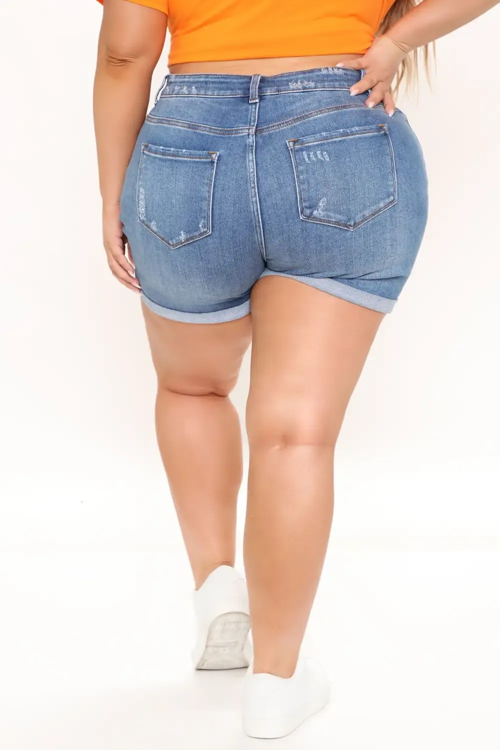 Rollin' Up Stretch Ripped Denim Shorts - Medium Blue Wash