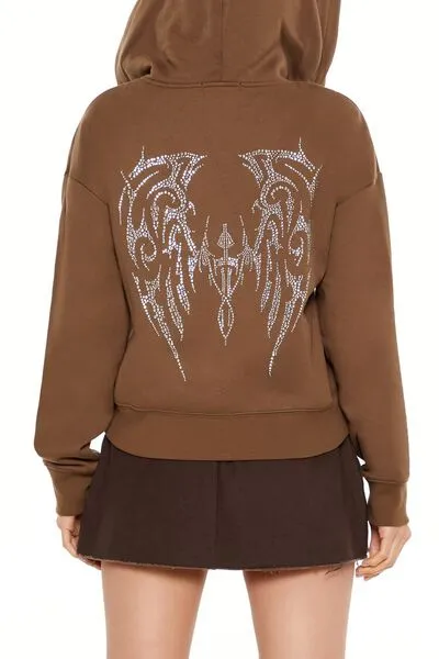 Rhinestone Wings Graphic Zip-Up Hoodie