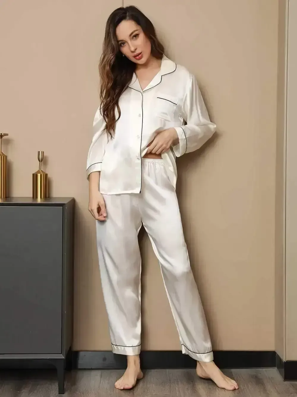 Binding Trim Long Sleeve Pure Silk Pajamas Set