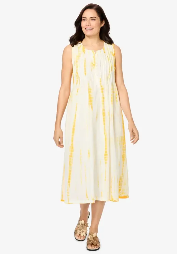 Sleeveless Pintuck Tie-Dye Dress