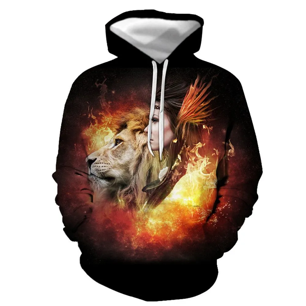 3D graphic printed hoodies lady and lion