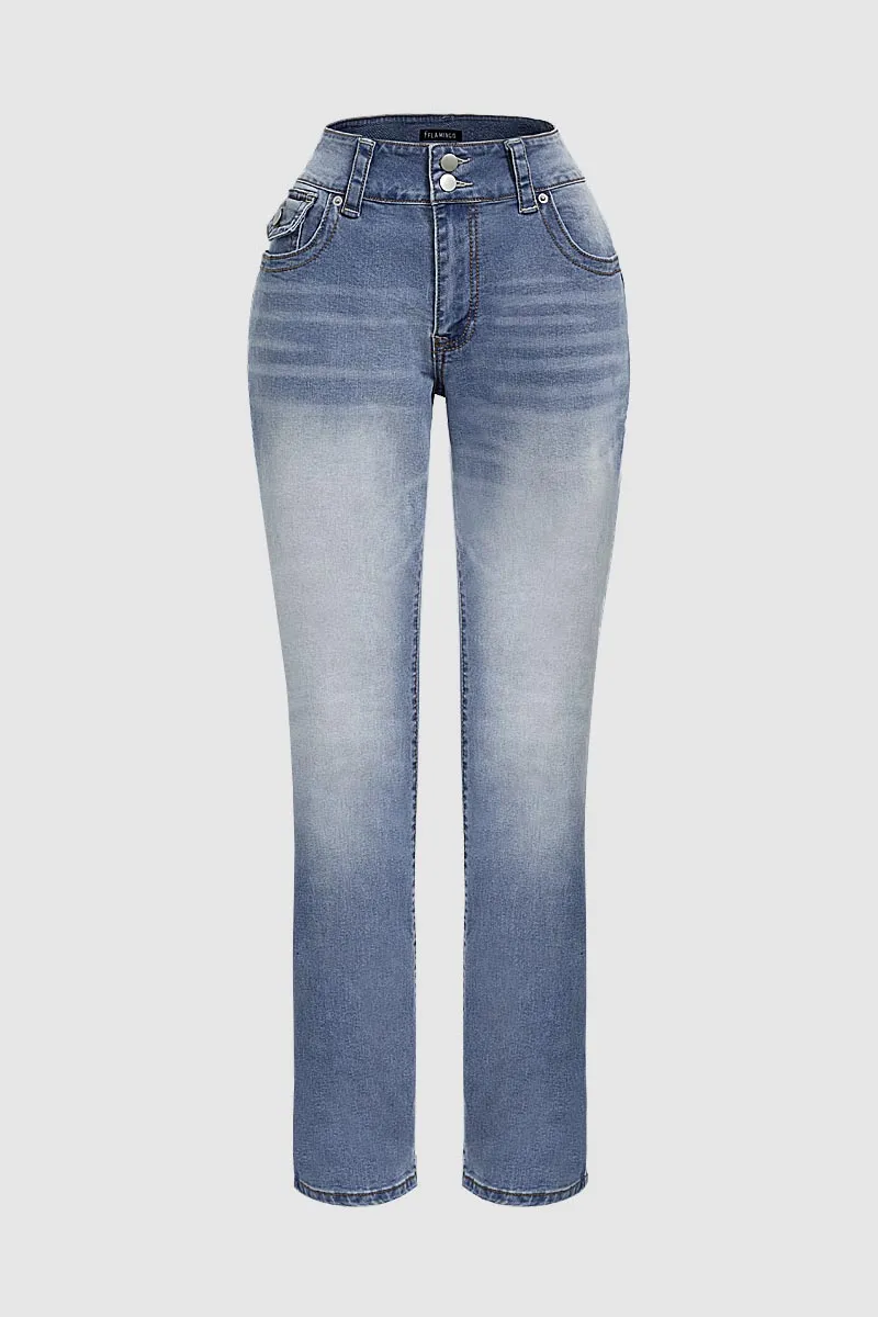 Wash Double Button Flap Pocket Mid Waist Straight Leg Jeans