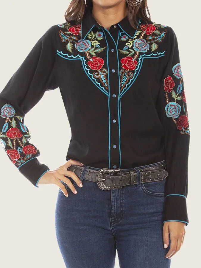 Women's Vintage Western Art Print Casual Shirt