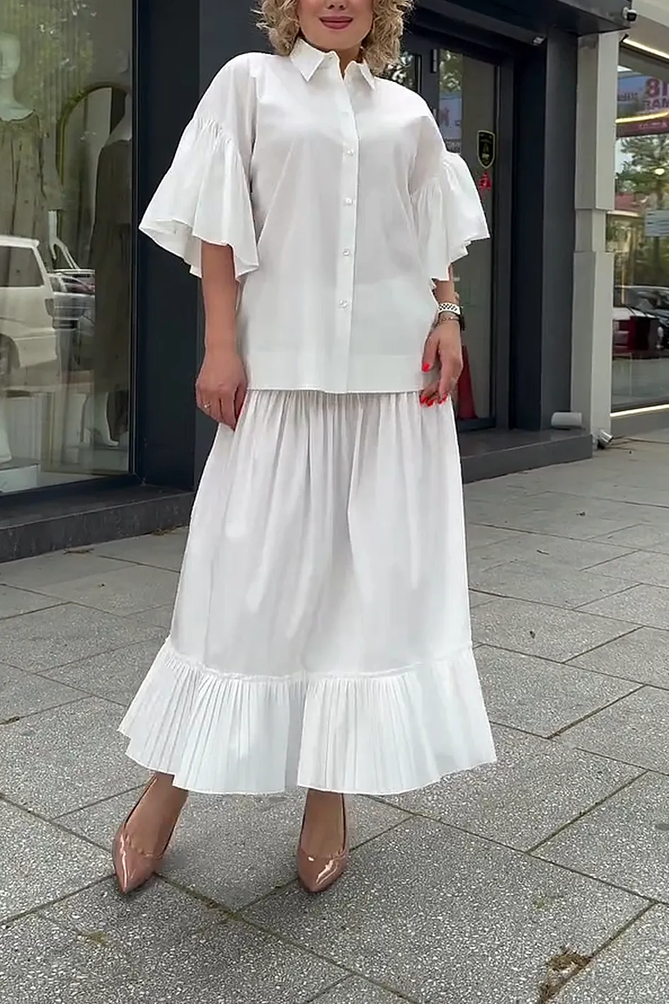 Women'S Solid Color Casual Top And Skirt 2-Piece Set