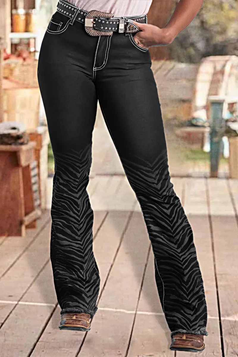 Zebra Striped Beaded Mid Waist Bootcut Jeans Without Belt