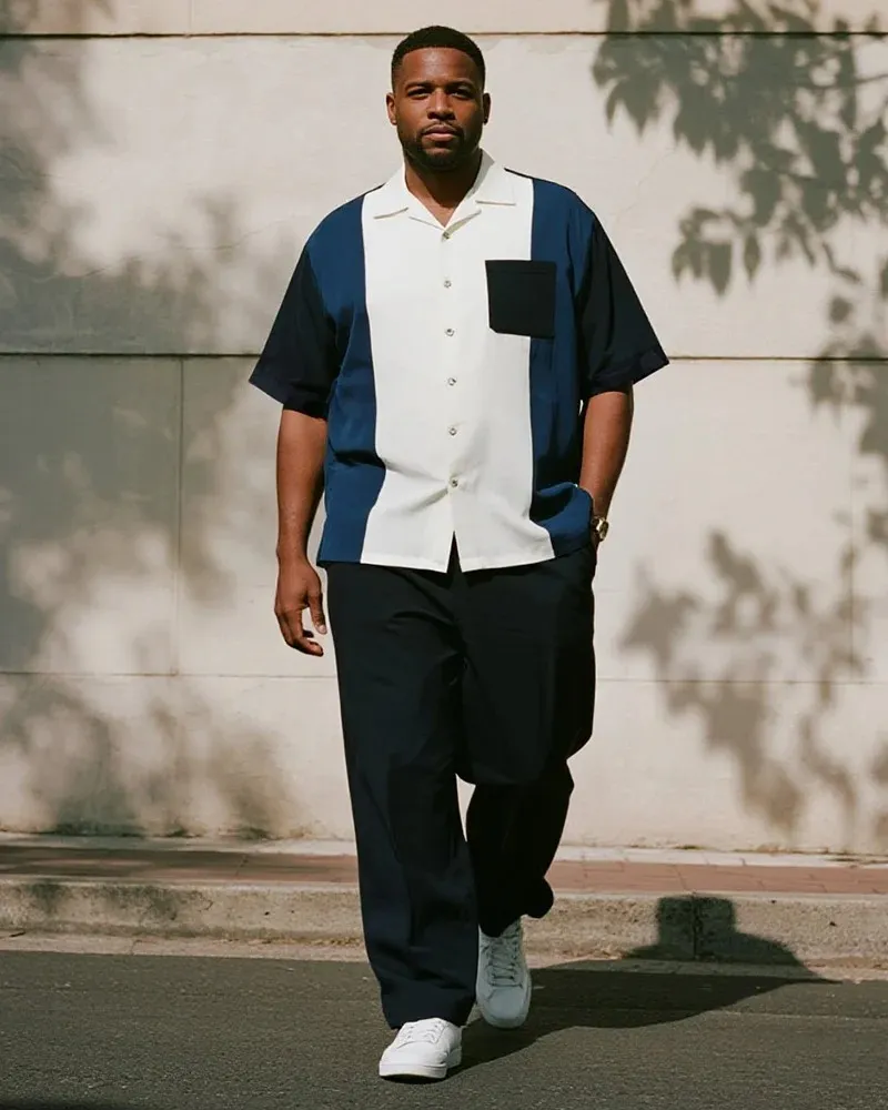 Big & Tall Men's Business Colorblock Print Short Sleeve Shirt and Pants Suit