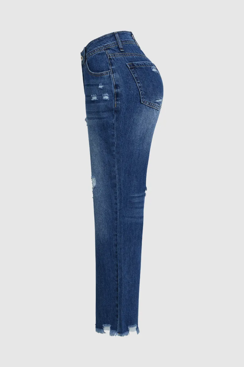 Ripped Raw Hem Mid Rise Straight Leg Cropped Jeans