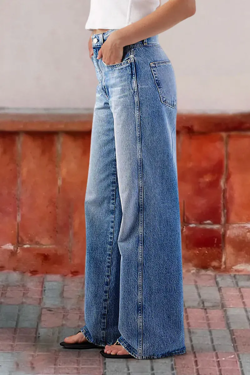 Wash Straight Leg Mid Waist Jeans