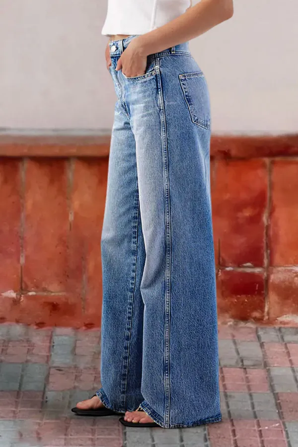 Wash Straight Leg Mid Waist Jeans