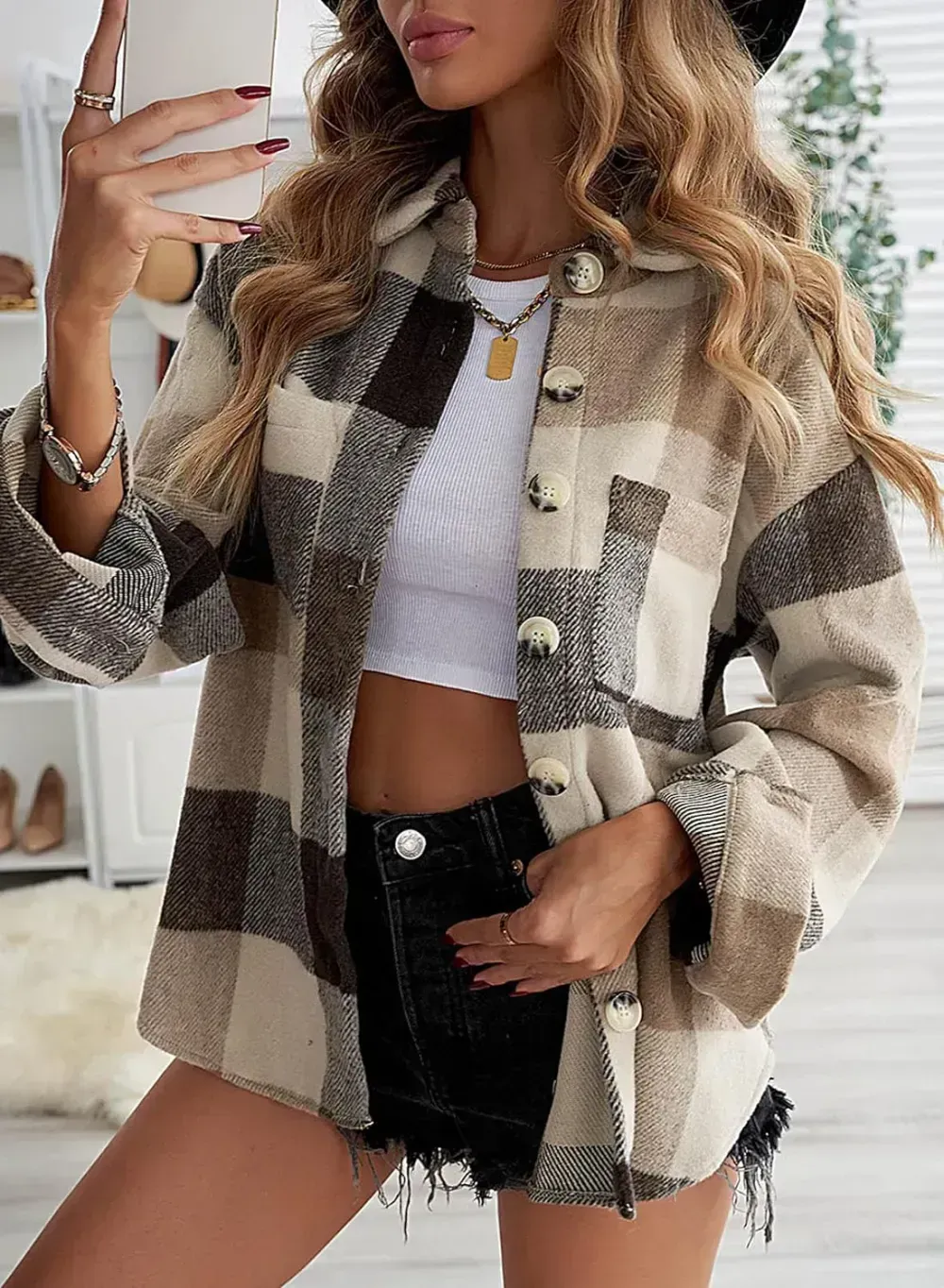 Women's 2023 Fall Clothes Plaid Shacket Jacket Long Sleeve Button Down Flannel Shirts Fashion Blouse