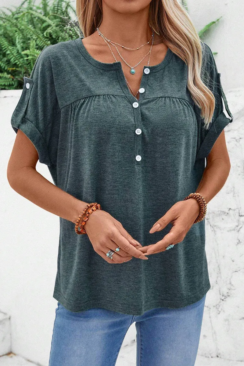 Half Placket Ruched Detail Roll Tab Sleeve T-Shirt