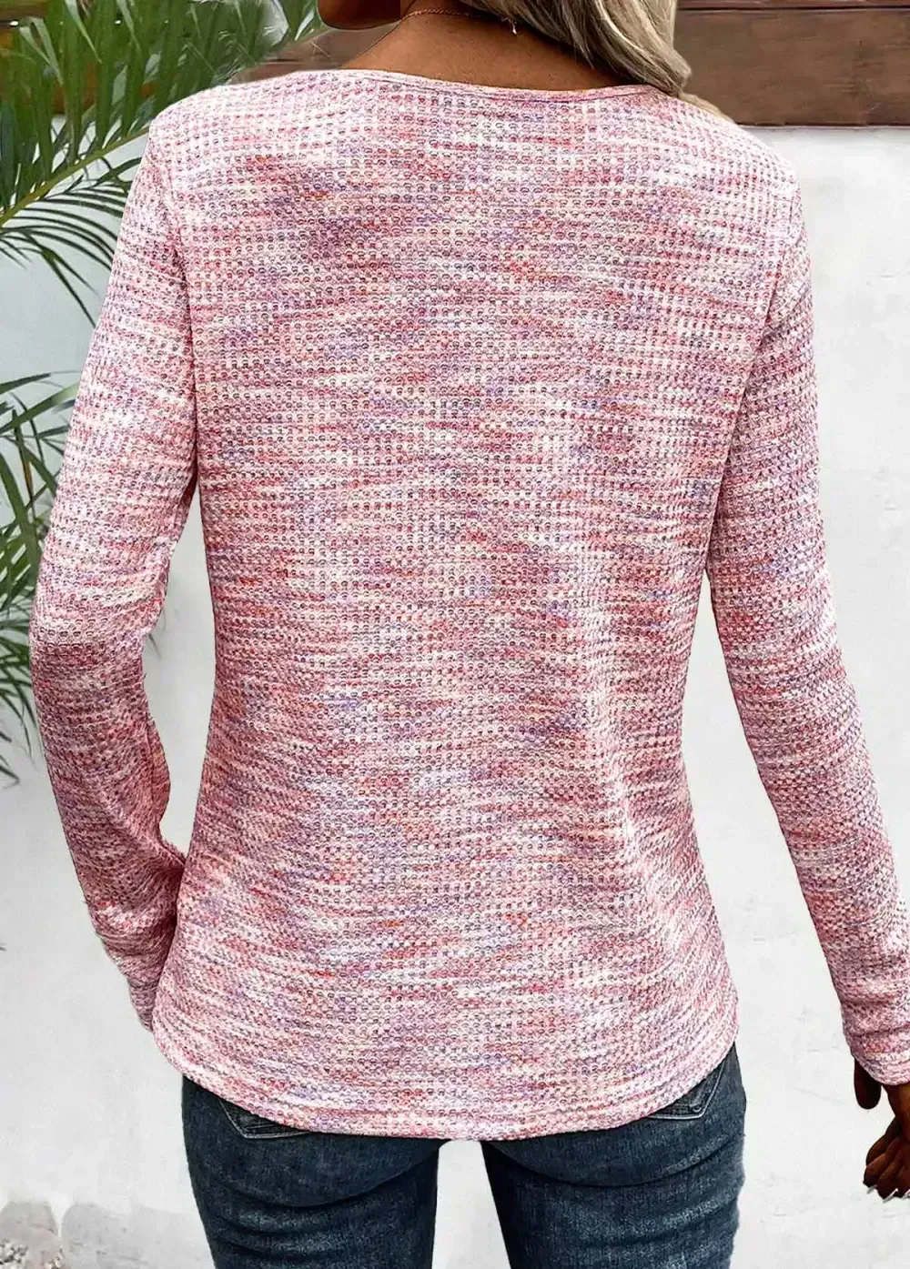Light Pink Button Long Sleeve V Neck T Shirt