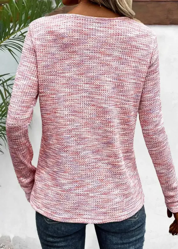 Light Pink Button Long Sleeve V Neck T Shirt