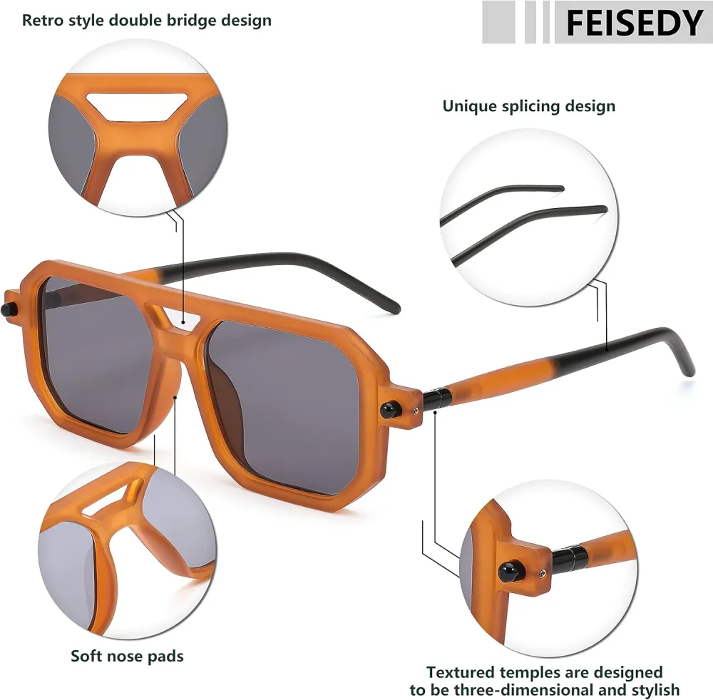 FEISEDY Vintage Square 70s Flat Aviator Sunglasses Women Men Classic Retro Stylish Frame UV400 Sunglasses B2622