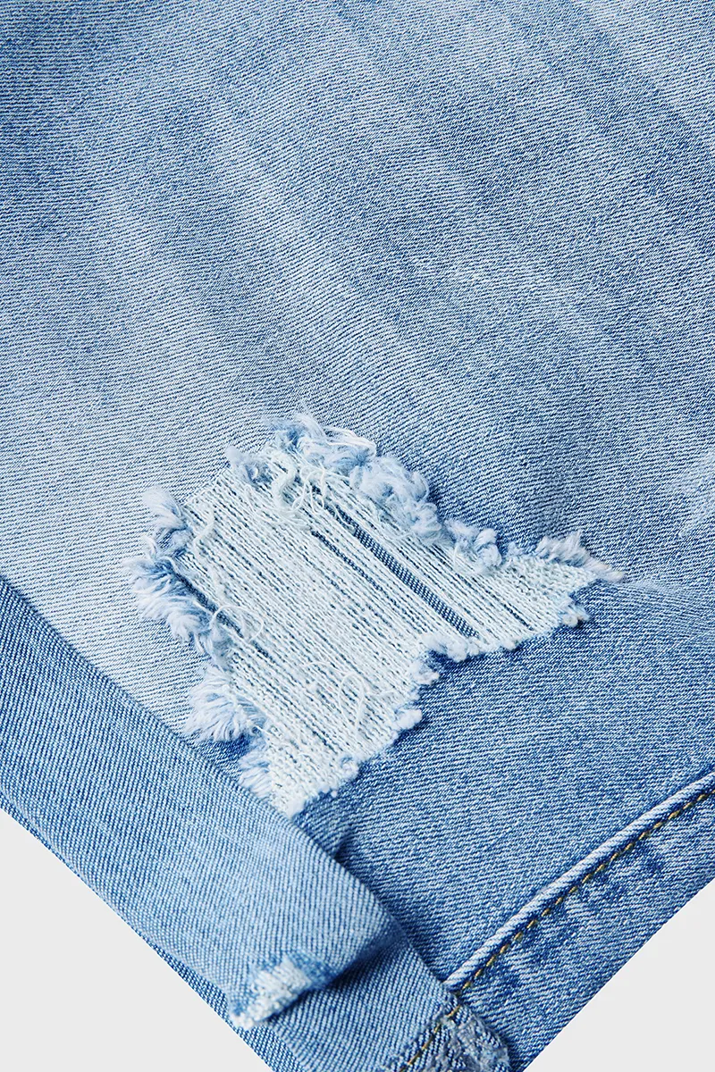 Wash Ripped Roll Hem High Rise Denim Shorts