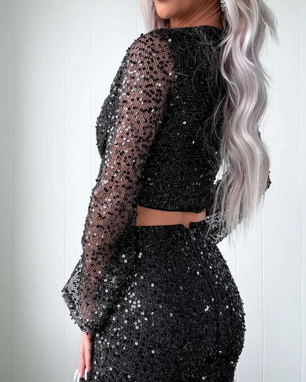 Sequin Fishnet Pant Set - Black