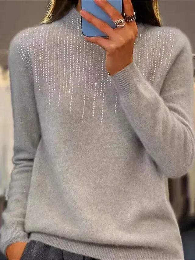 Women‘s Christmas Pullover Sweater Jumper Crew Neck Ribbed Knit Acrylic Sequins Fall Winter Regular Outdoor Daily Going out Xmas Stylish Casual Long Sleeve Solid Color Black White Light Green S M L