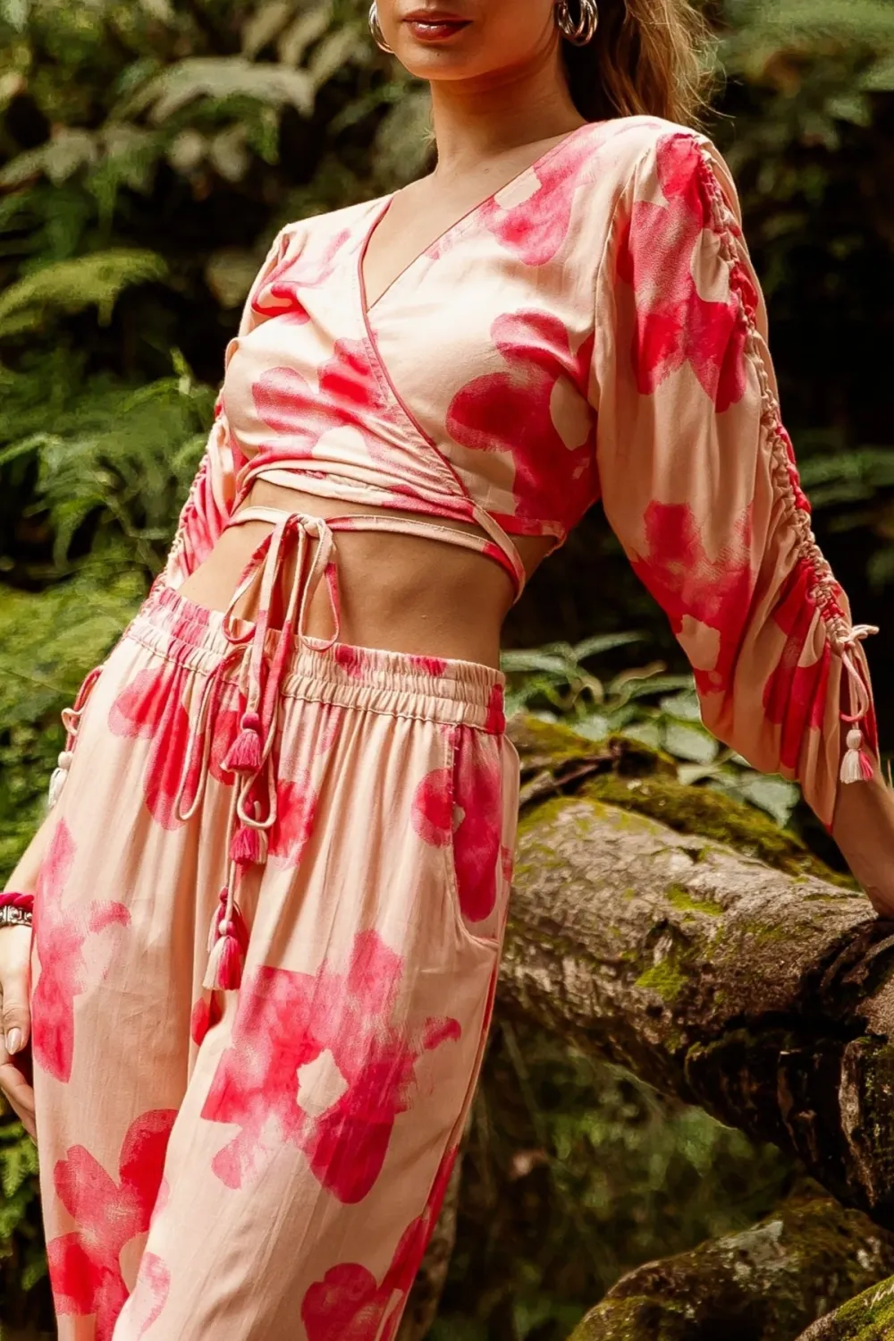 Pink And Red Tropical Print Wrap Crop Top