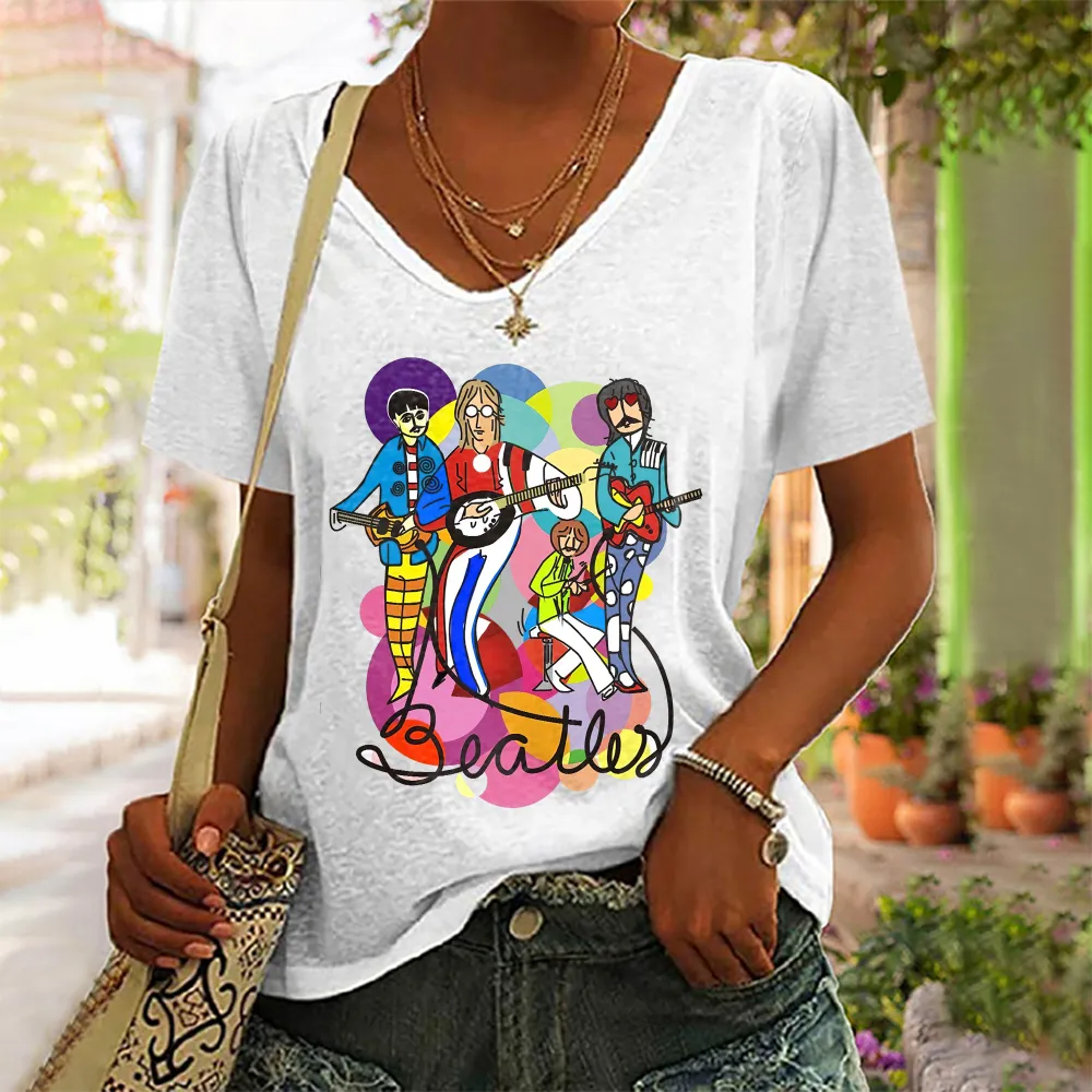 The Beatles Print V-neck Hippie T-shirt