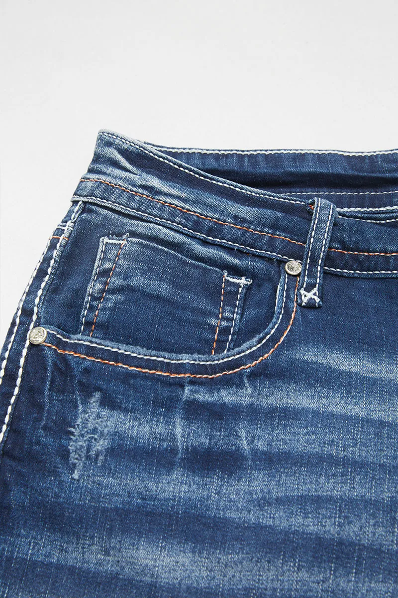 Ripped Roll Hem Low Waist Denim Mid Thigh Shorts