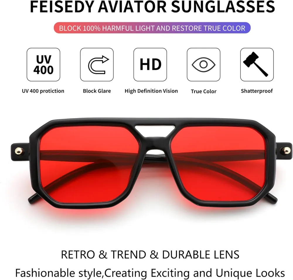 FEISEDY Vintage Square 70s Flat Aviator Sunglasses Women Men Classic Retro Stylish Frame UV400 Sunglasses B2622
