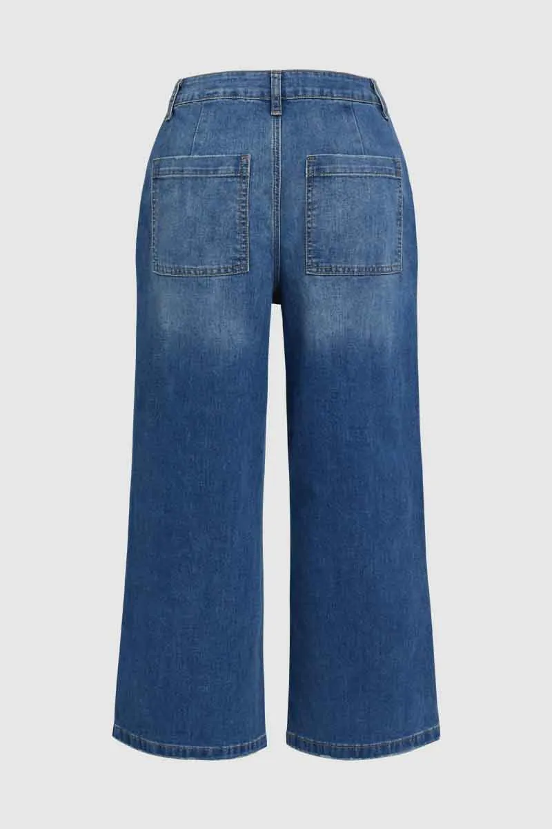 Wash Stitch Detail Raw Hem Wide Leg Mid Rise Jeans