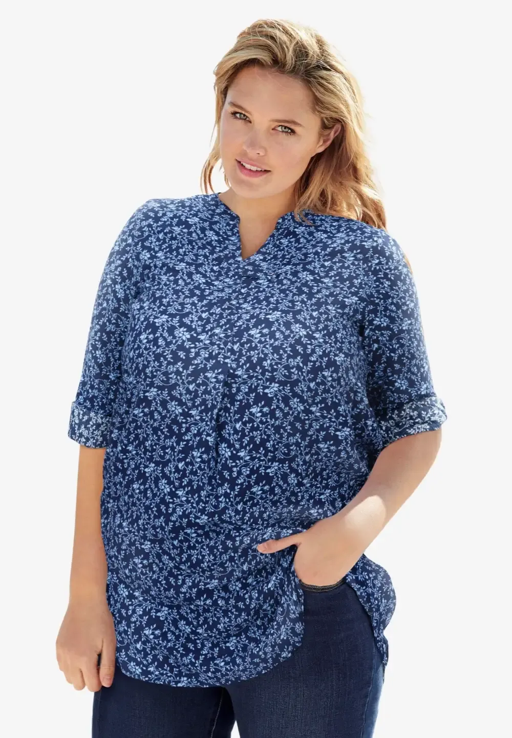 Rayon 7-Day Three-Quarter Sleeve Tab-Front Tunic