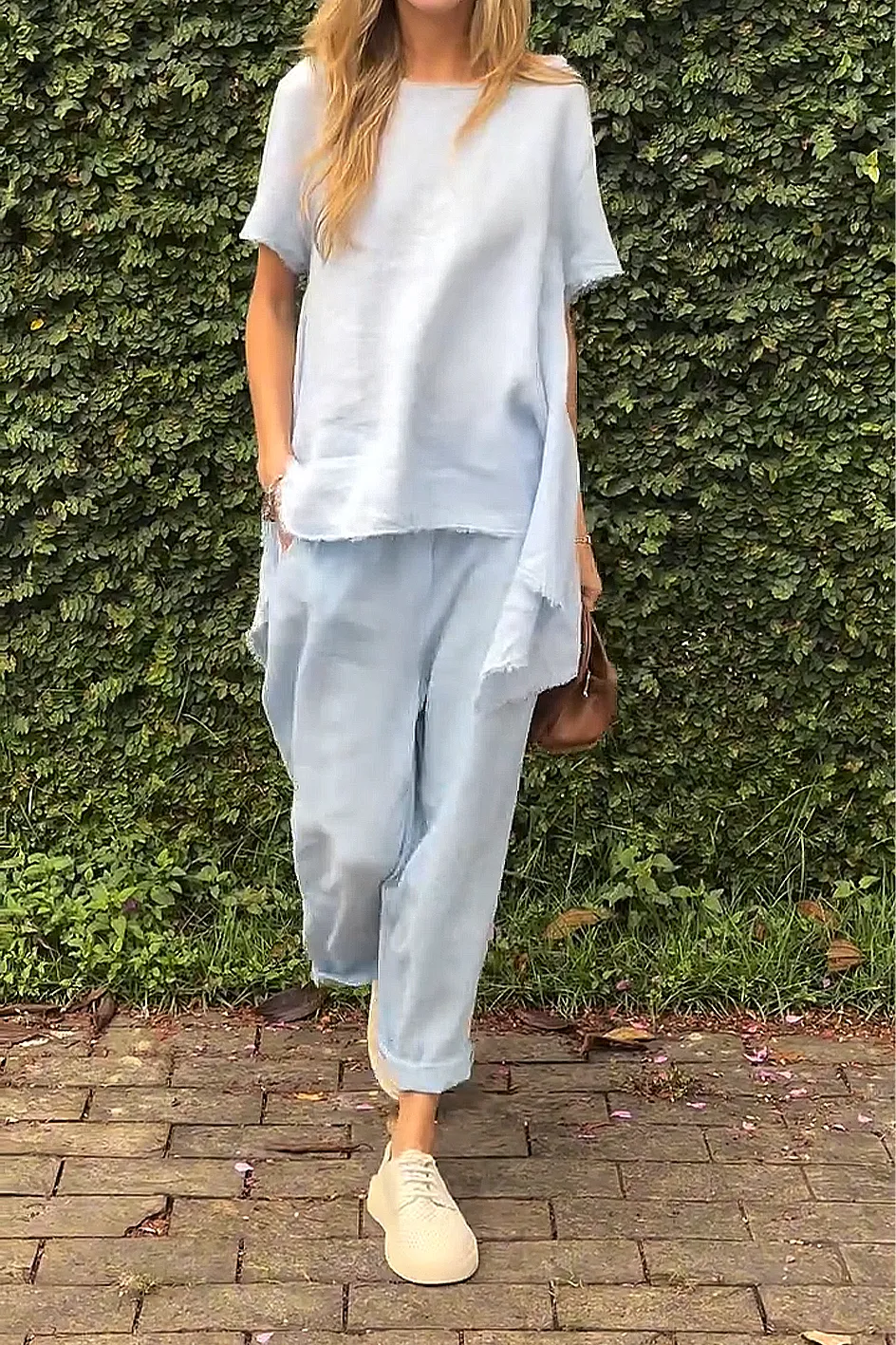Women'S Solid Color Cotton And Linen Casual Top And Pants Two-Piece Set