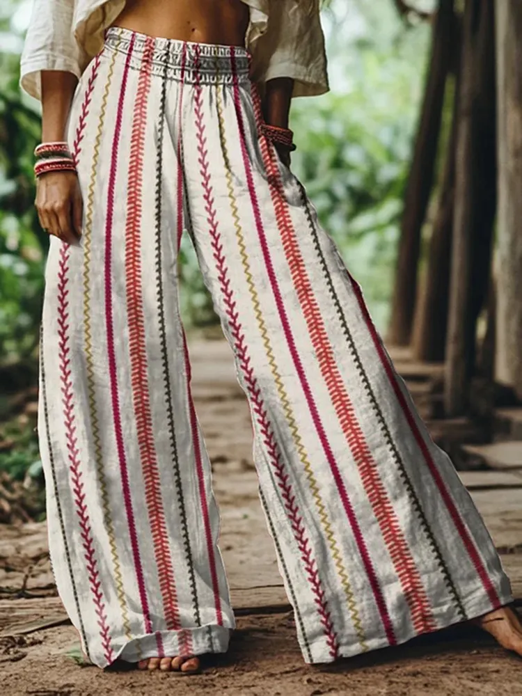 Vintage Bohemian Striped Art Women's Linen Blend Casual Pants