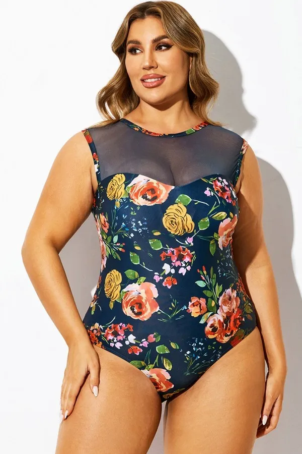 Bouquet Floral Print Mesh One Piece Swimsuit