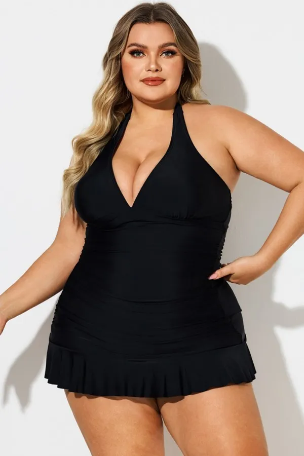 Black Halter Neck Ruched Tummy Control Swimdress