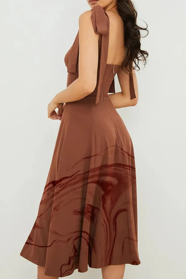 Tie Strap Fit & Flare High Slit Slip Midi Dress - Chocolate
