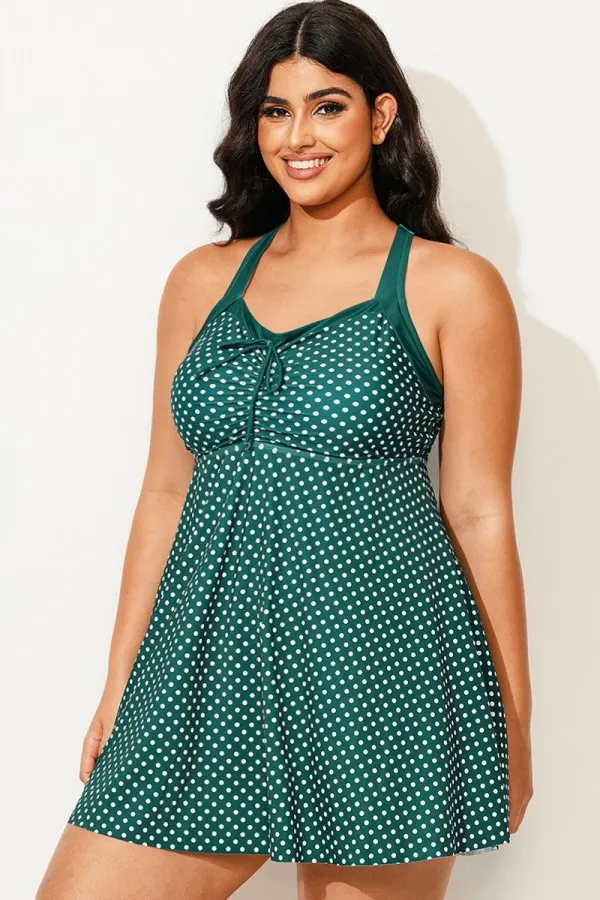 Plus Size Polka Dot Bowknot Detail Ruched Swim Dress