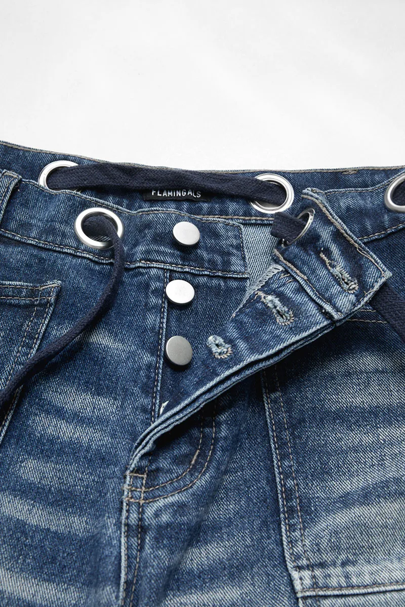 Drawstring Grommet Eyelet Mid Waist Barrel Jeans