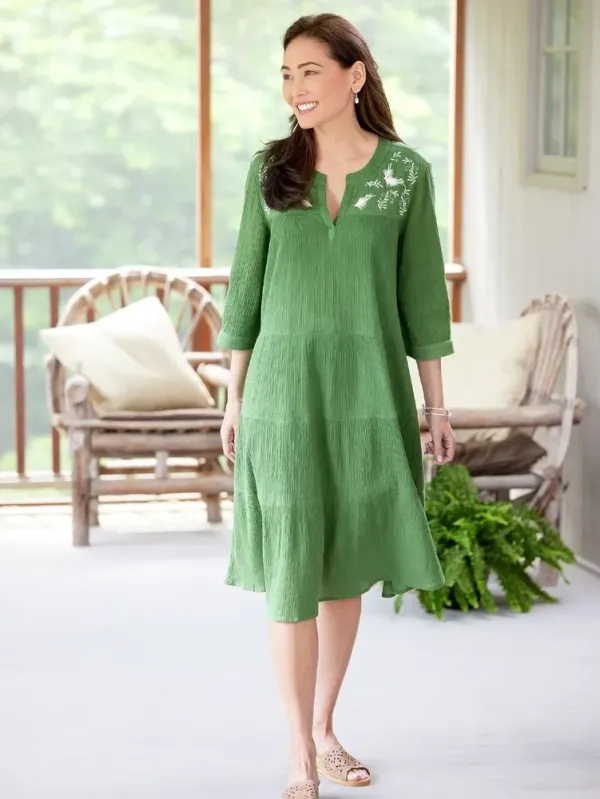 Embroidered Leaves Crinkle Cotton Tiered Dress