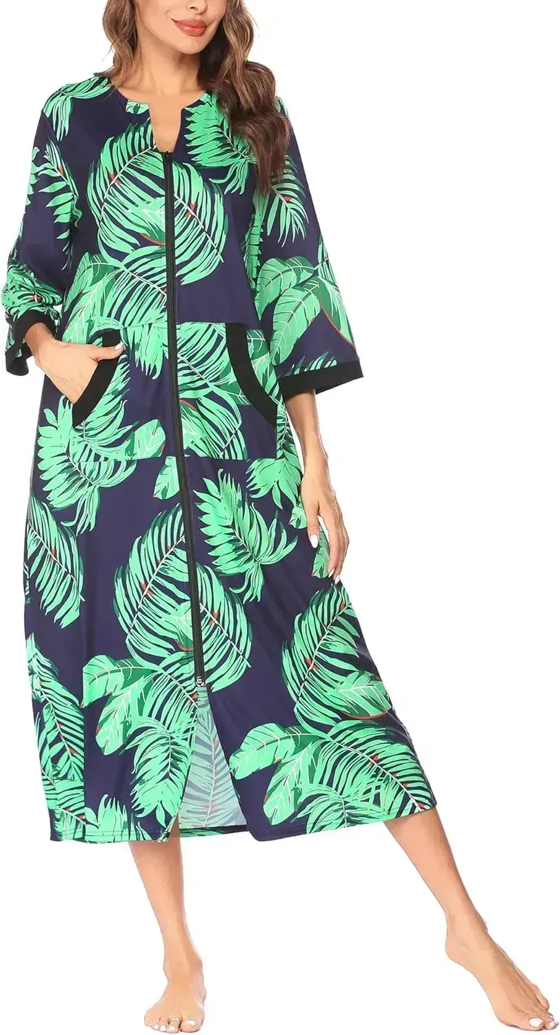 Women Zipper Robe 3/4 Sleeves Loungewear Dress Full Length Sleepwear Pockets Housecoat Nightgown Long Bathrobe