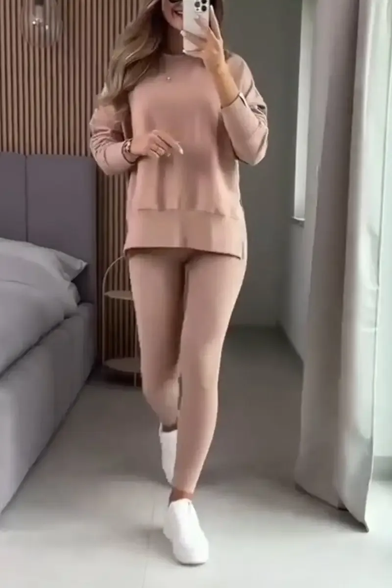 Women's Casual Round Neck Solid Color Side Opening Two Piece Suit