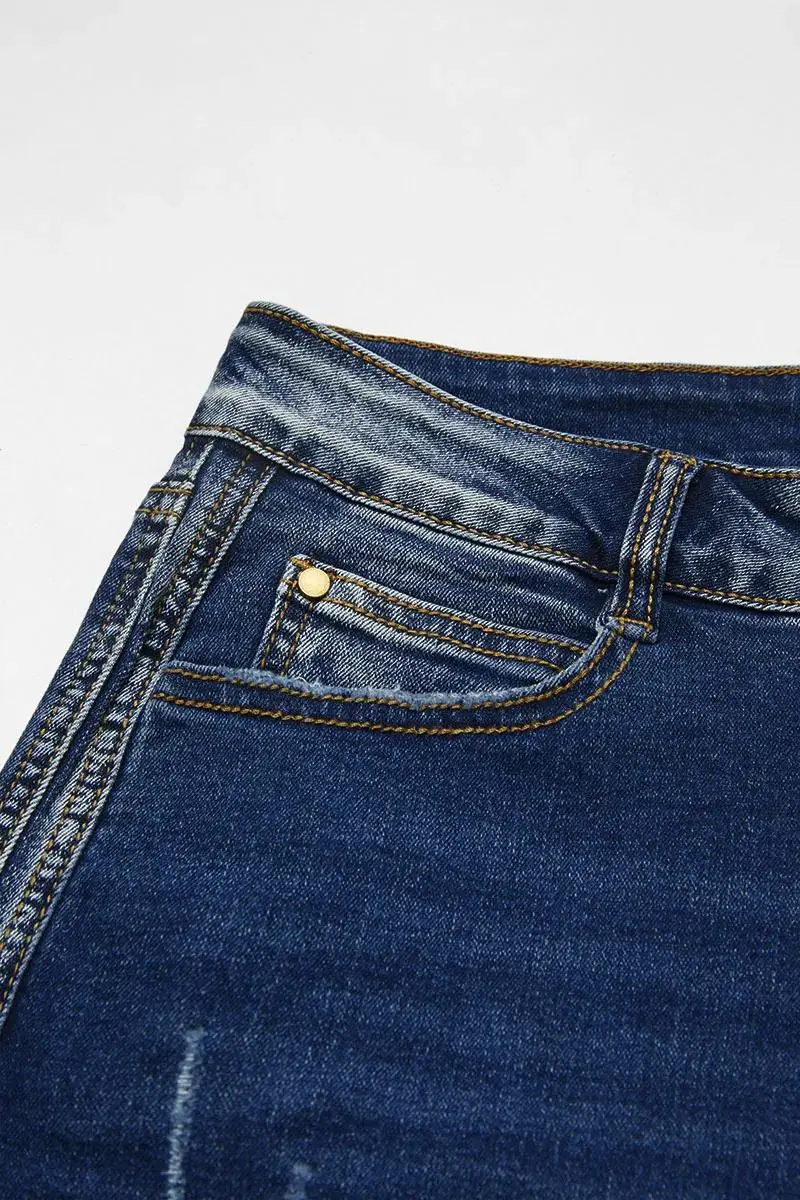 Raw Hem Embroidered Pocket High Waist Denim Mid Thigh Shorts