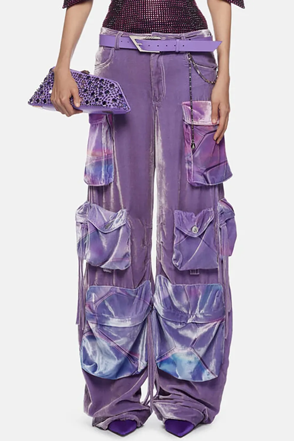 Street Style Solid Color Cargo Pocket Low Rise Wide Leg Velvet Pants
