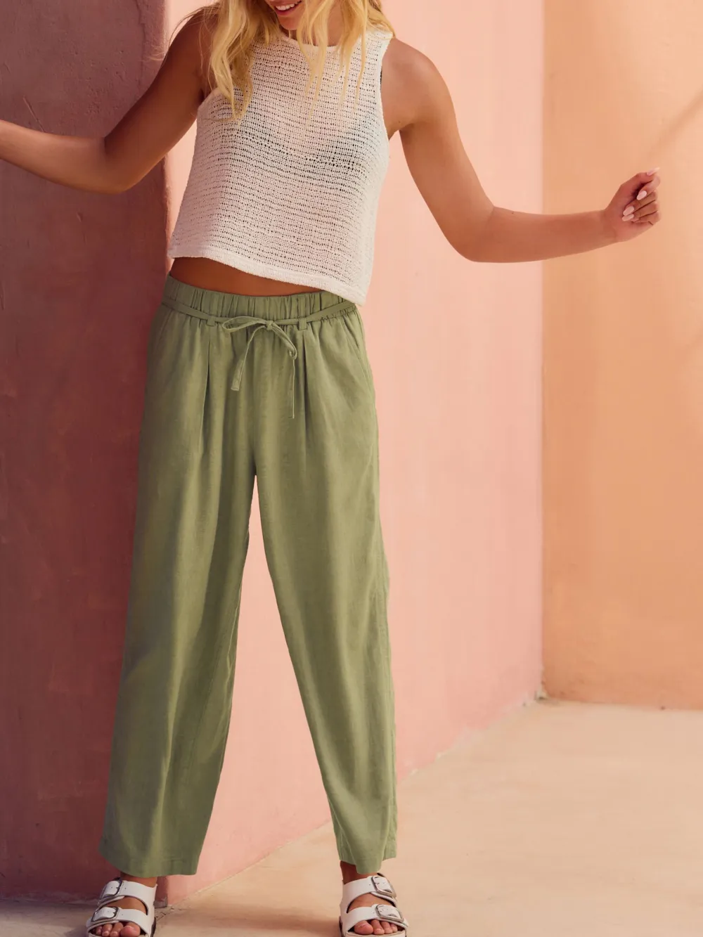 Tie Waist Belt Bucket Leg Linen Blend Pants