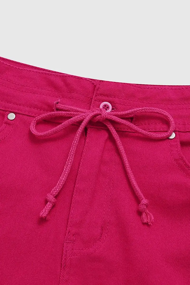 Solid Drawstring Mid Waist Stretchy Denim Shorts