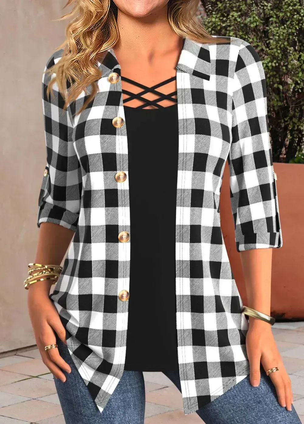 Shirt Collar Black Fake 2in1 Plaid Blouse