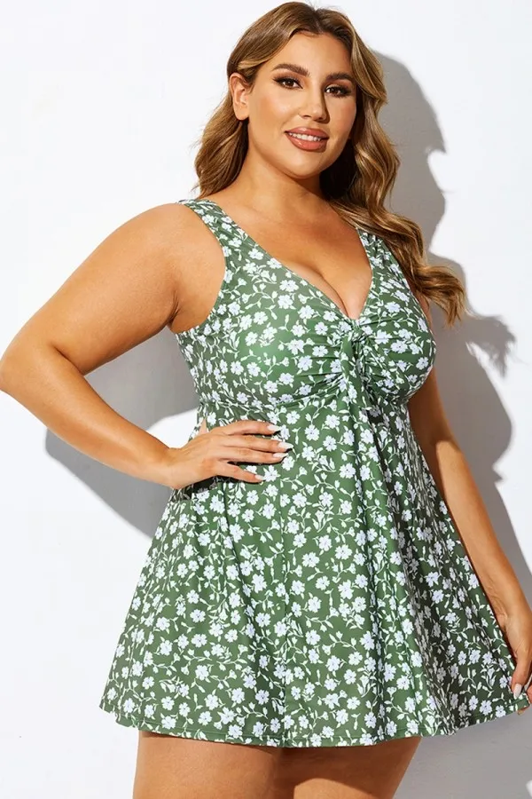 Mint Floral Ruched A-Line Empire Waist Swimdress