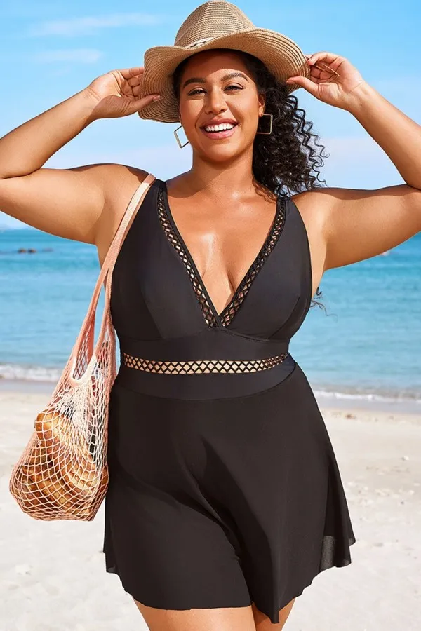 Plus Size Black Lattice Plunge Mesh Swimdress
