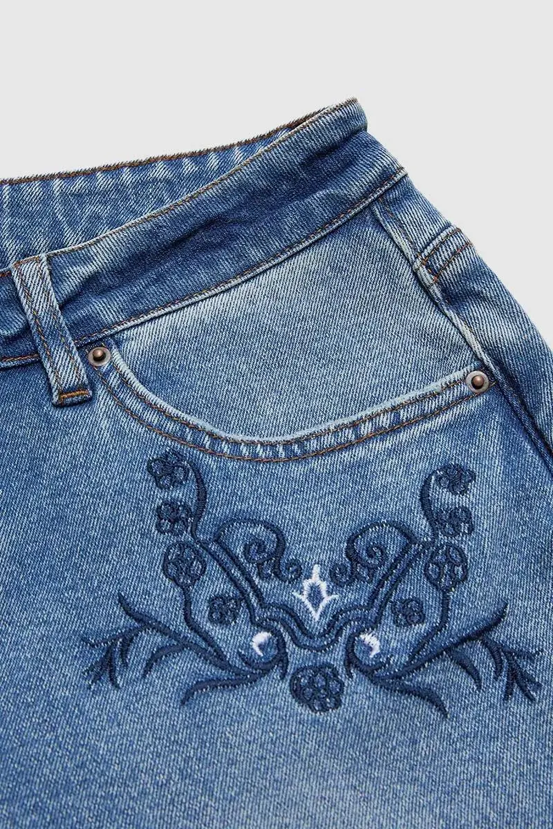 Wash Floral Embroidery Roll Hem Mid Rise Carrot Jeans