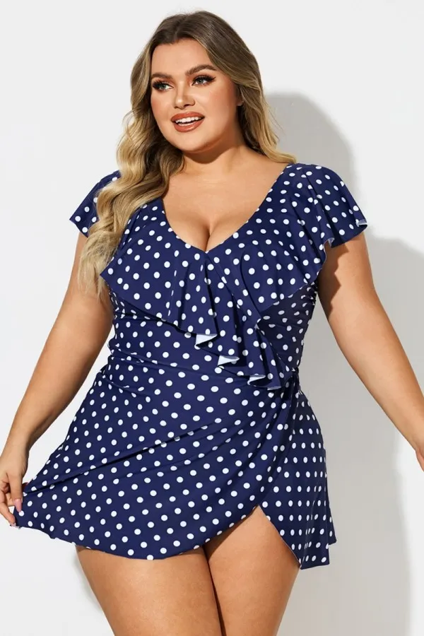 Navy Dot Beach Surplice Flounce Sleeve Swimdress