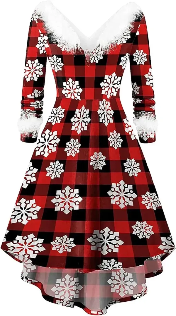 Womens Christmas Dress Fuzzy Mrs Claus Christmas Holiday Xmas Cocktail Holiday Party Flare Dress