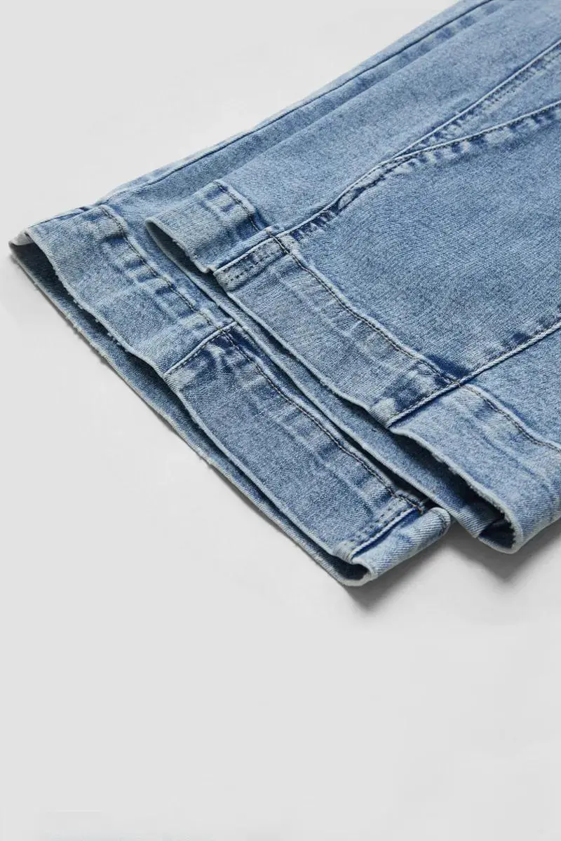 Wash Colorblock Seam Detail Mid Rise Wide Leg Jeans