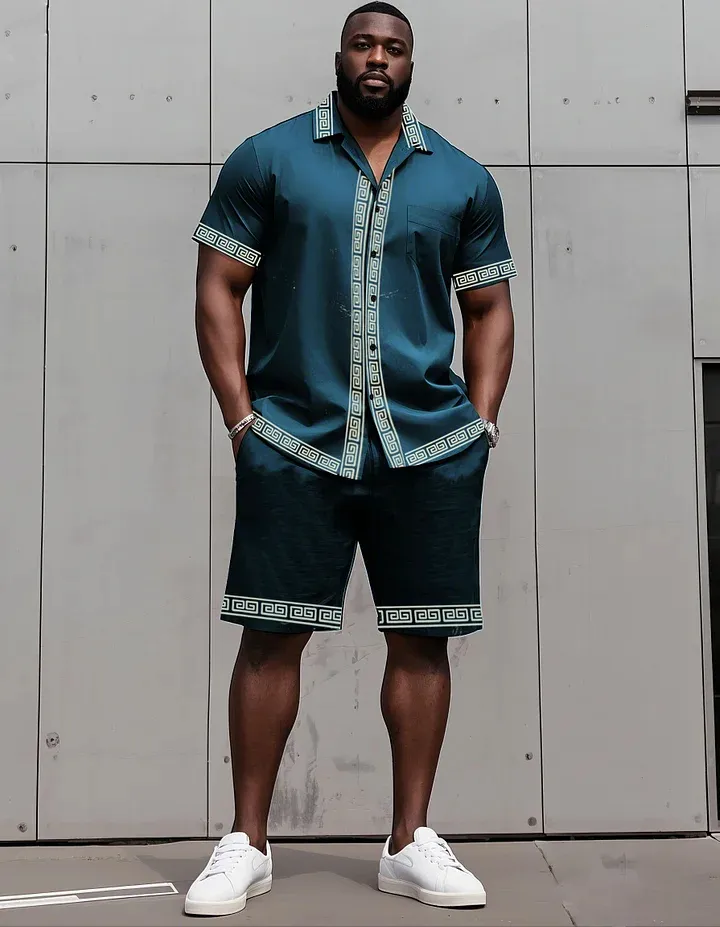 Big Man'S Retro Daily Casual Edge Color Block Printing Short Sleeve Shirt Shorts Suit