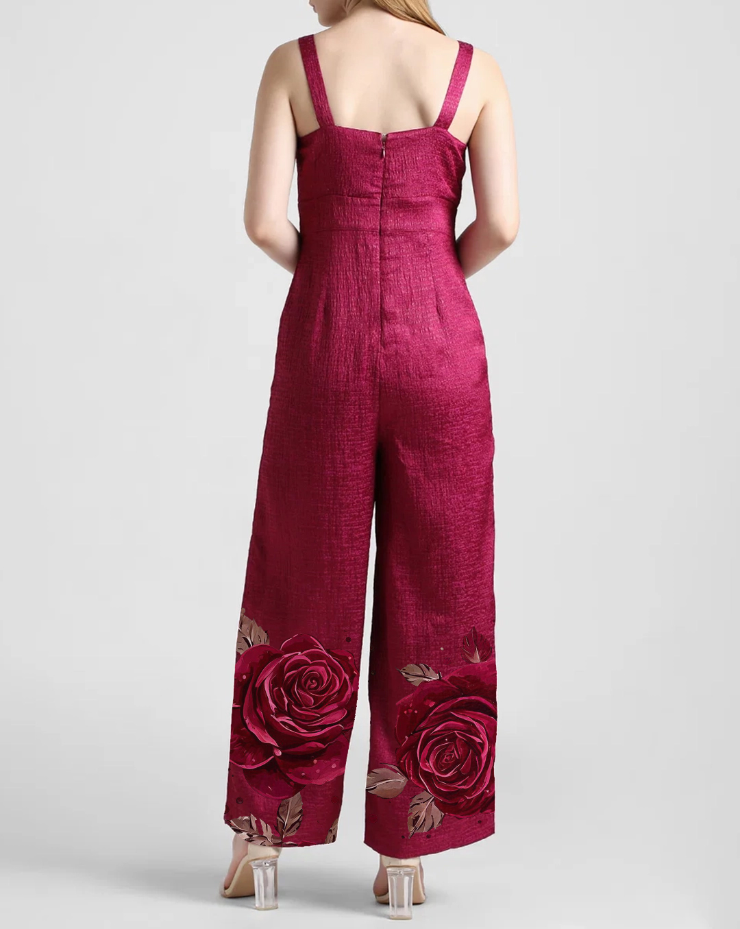 Dark Pink Jacquard Rose Print Shimmer Jumpsuit